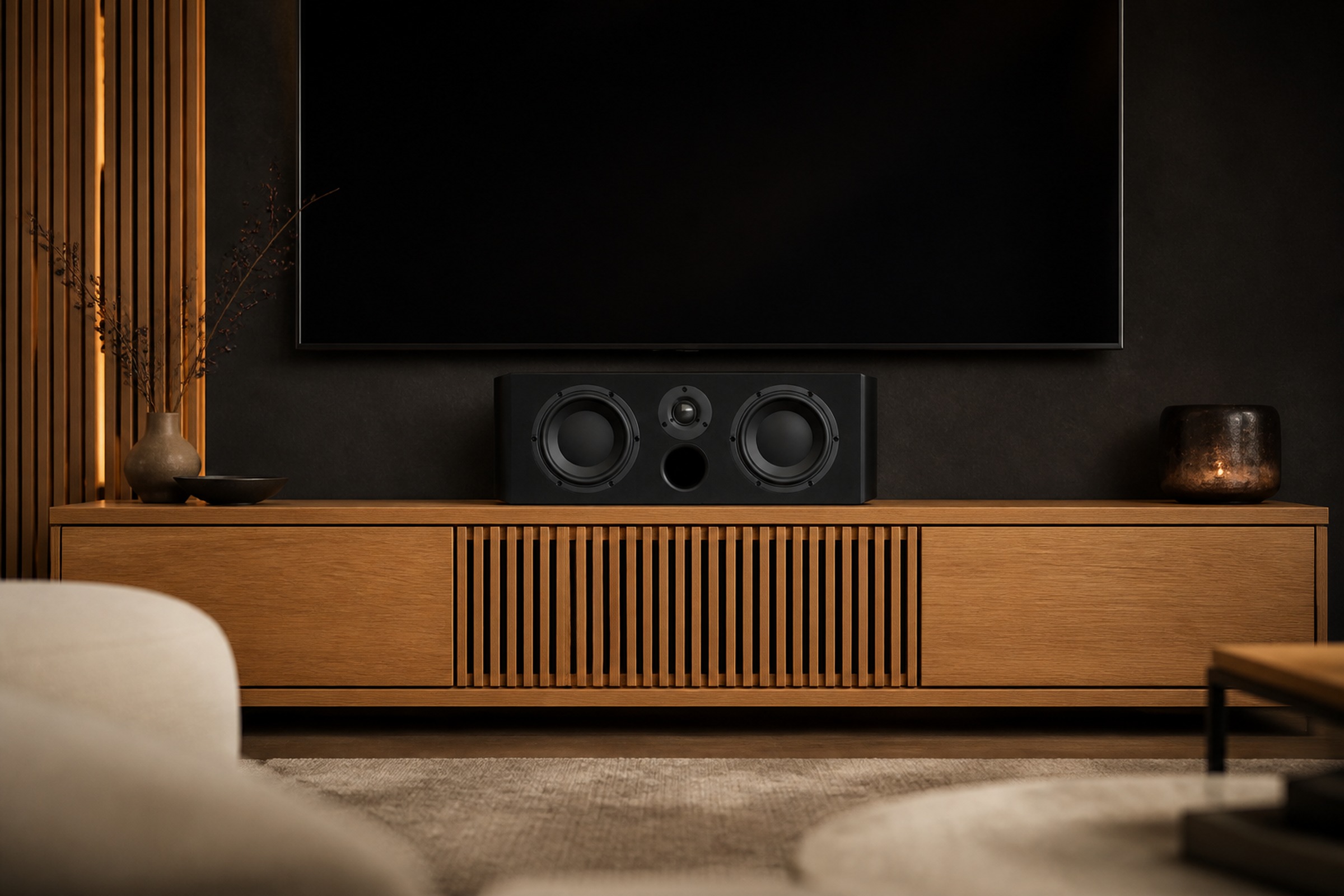 Morel Avyra C-5 centerspeaker onder een televisiescherm